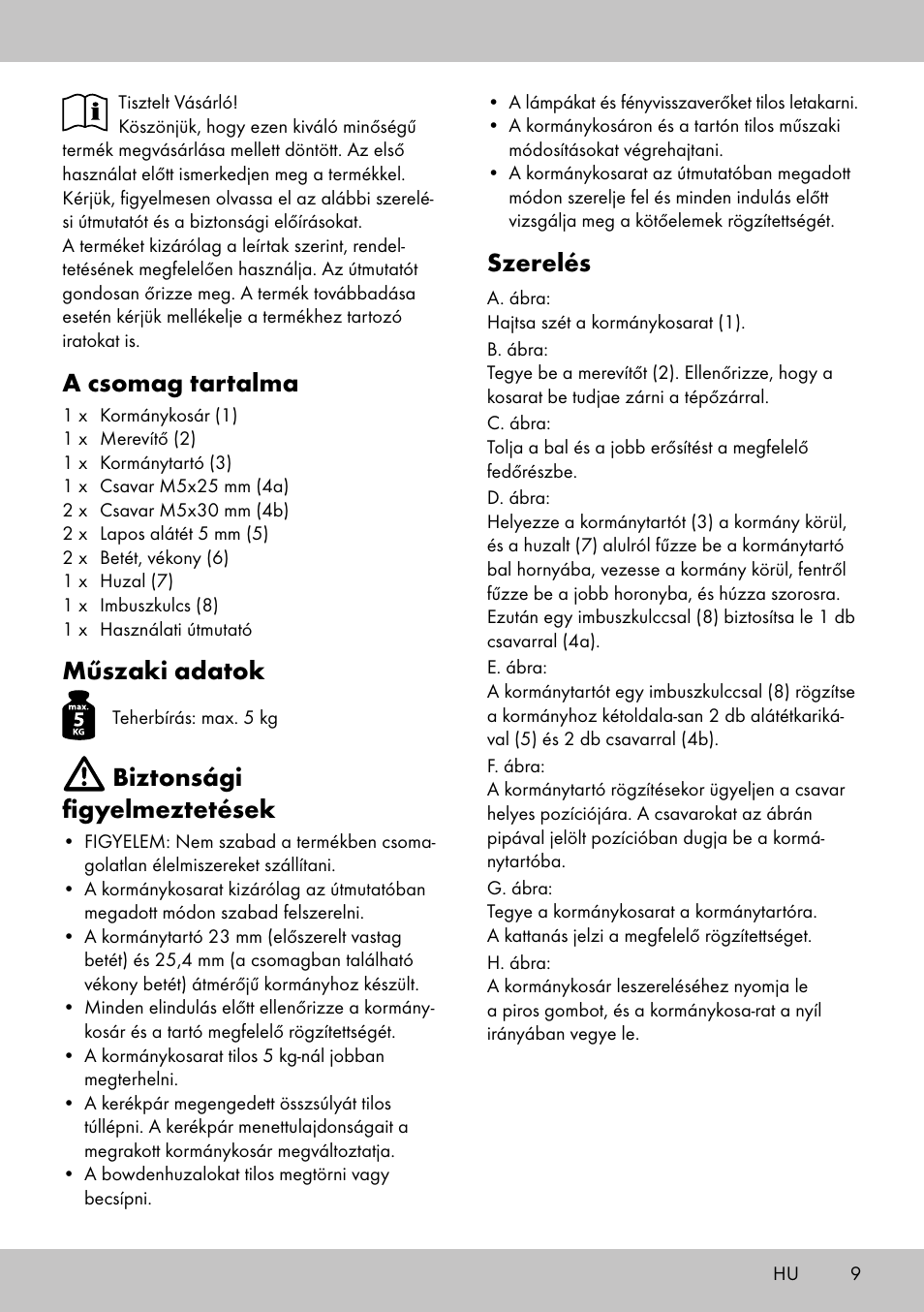 Szerelés, A csomag tartalma, Műszaki adatok | Biztonsági figyelmeztetések | Topmove Bike Basket LT-1542 User Manual | Page 7 / 18