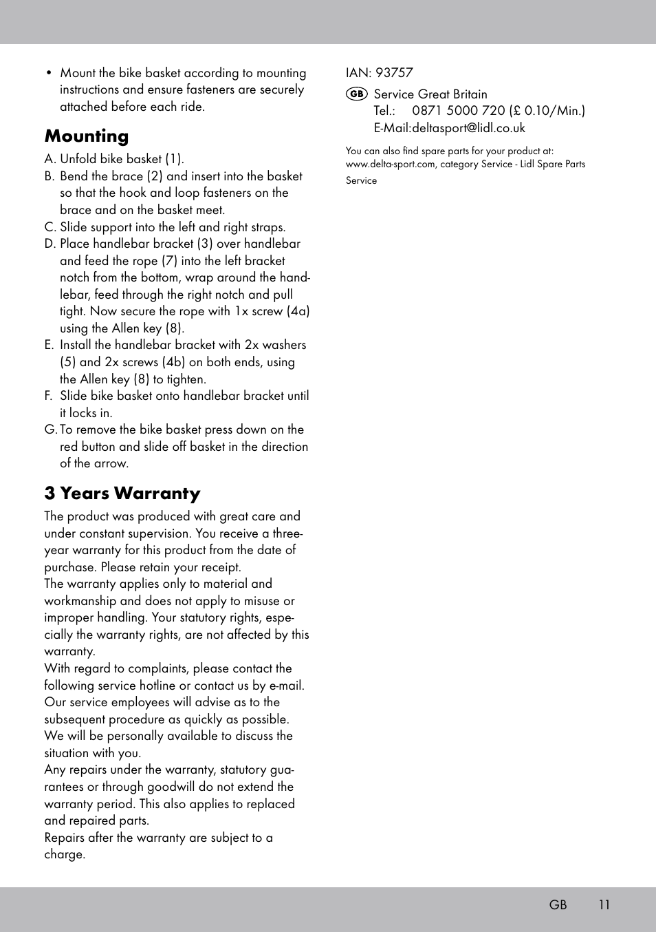 Mounting, 3 years warranty | Topmove Bike Basket LT-1542 User Manual | Page 11 / 12