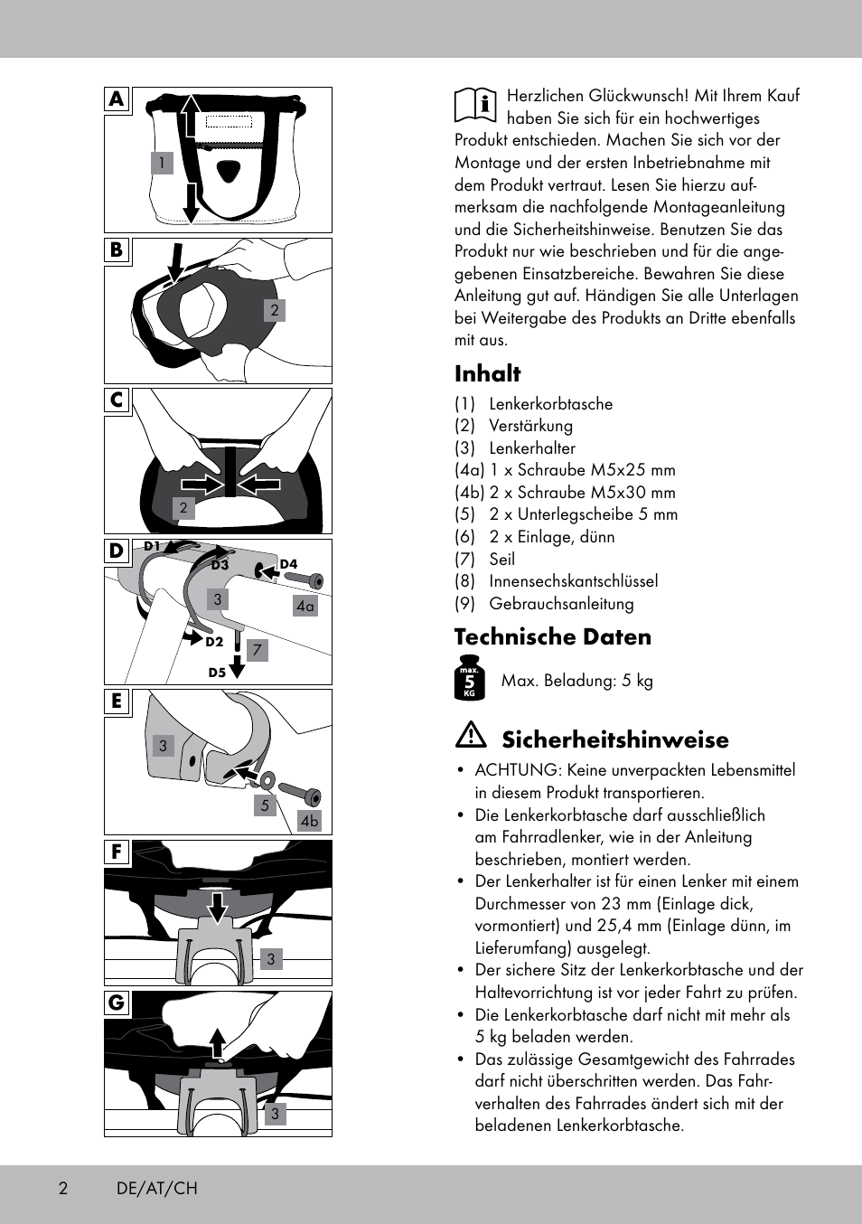 Inhalt, Technische daten, Sicherheitshinweise | Topmove Bike Basket LT-1542 User Manual | Page 2 / 12