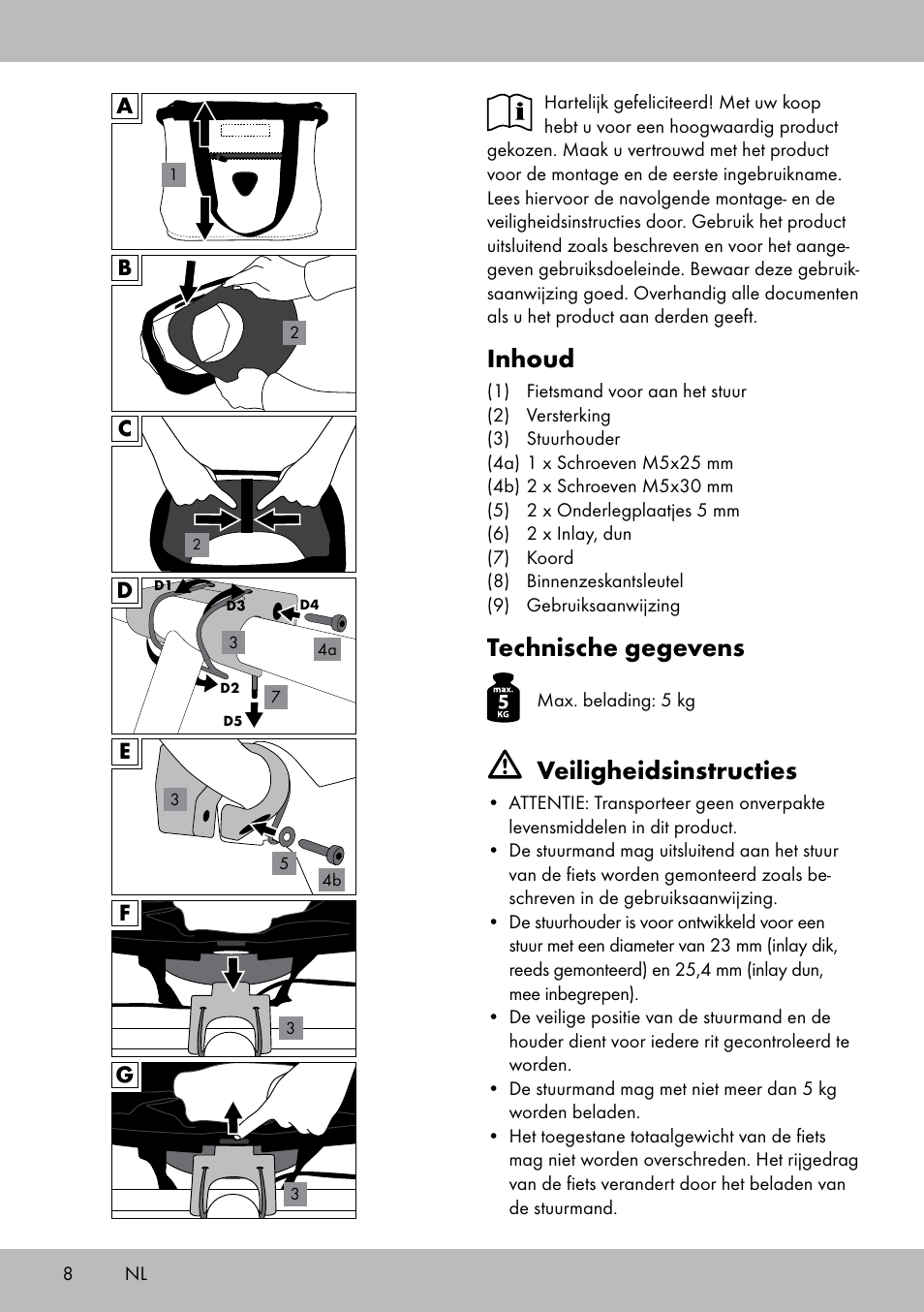 Inhoud, Technische gegevens, Veiligheidsinstructies | Topmove Bike Basket LT-1542 User Manual | Page 8 / 12