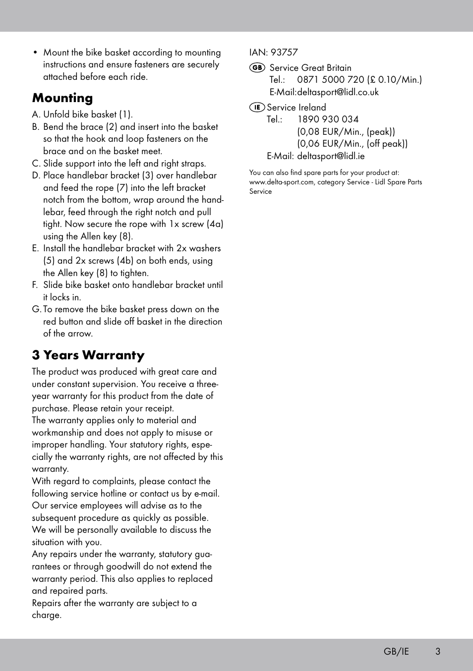 Mounting, 3 years warranty | Topmove Bike Basket LT-1542 User Manual | Page 3 / 16