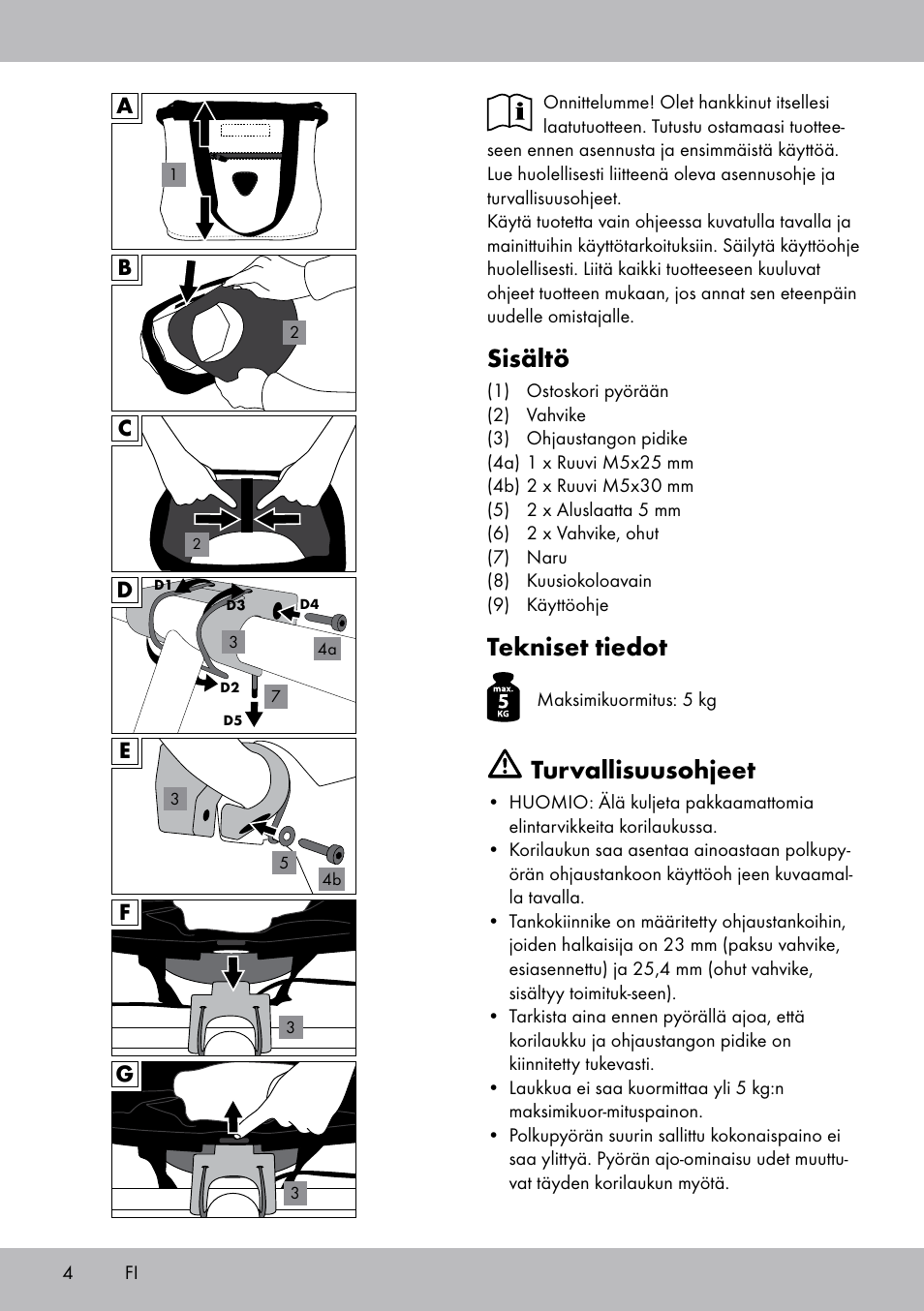 Sisältö, Tekniset tiedot, Turvallisuusohjeet | Topmove Bike Basket LT-1542 User Manual | Page 4 / 16