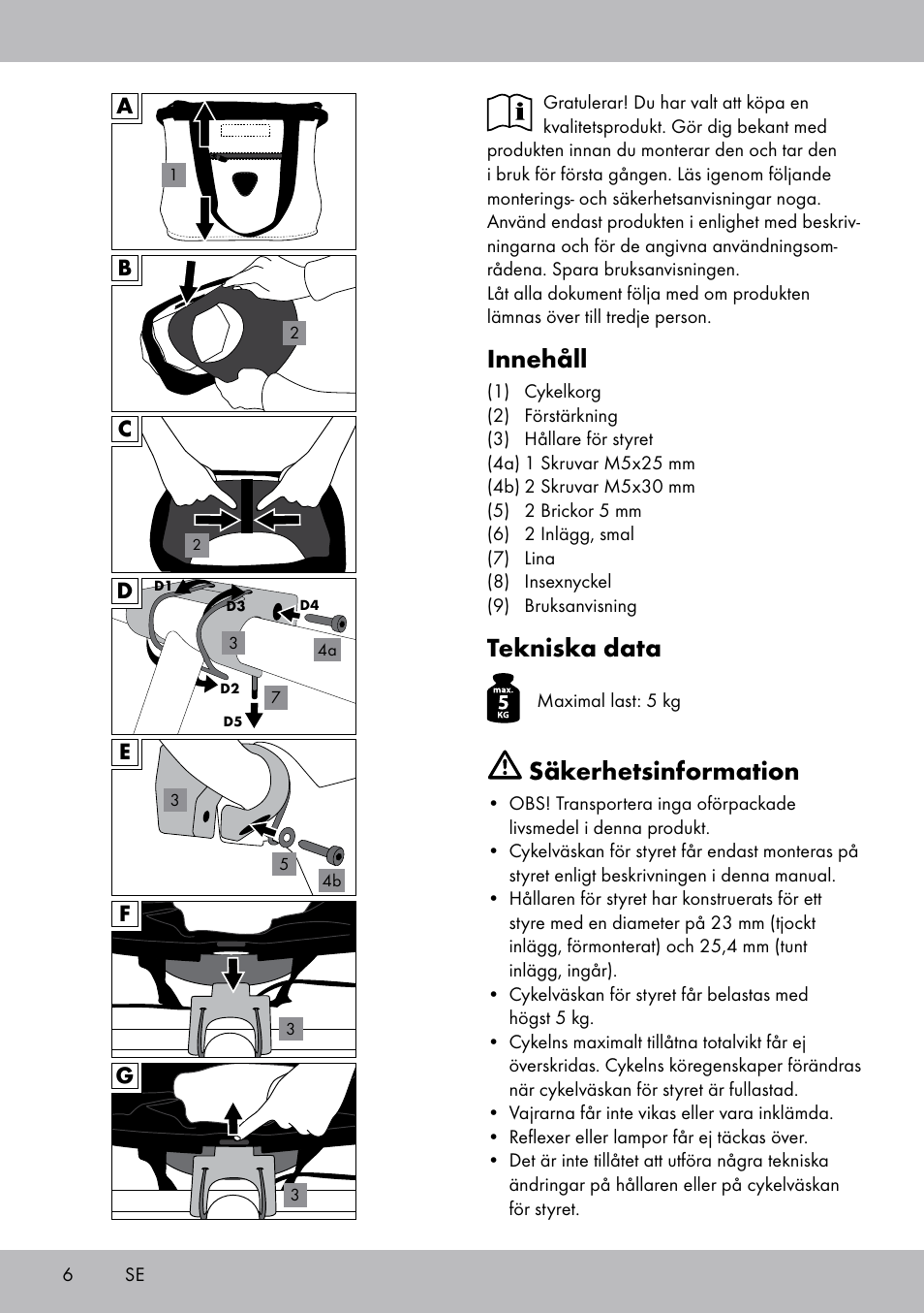 Innehåll, Tekniska data, Säkerhetsinformation | Topmove Bike Basket LT-1542 User Manual | Page 6 / 16