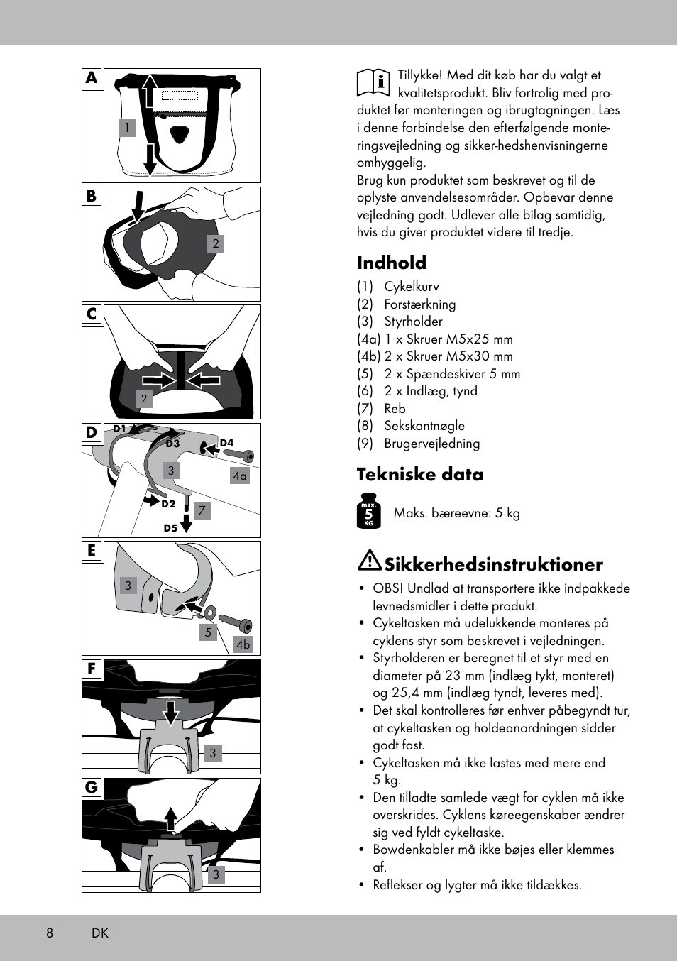 Indhold, Tekniske data, Sikkerhedsinstruktioner | Topmove Bike Basket LT-1542 User Manual | Page 8 / 16