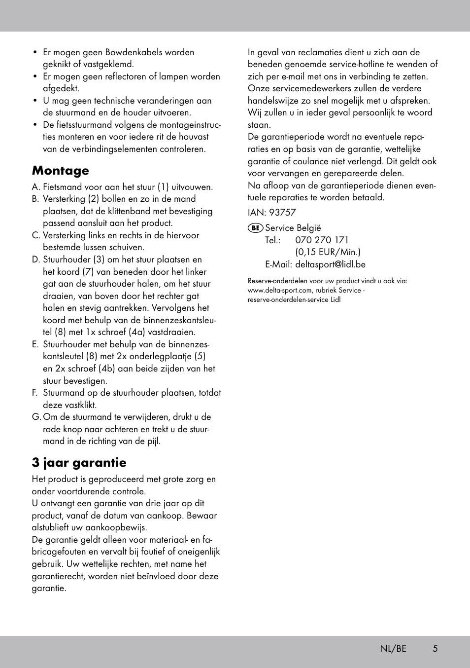Montage, 3 jaar garantie | Topmove Bike Basket LT-1542 User Manual | Page 5 / 12