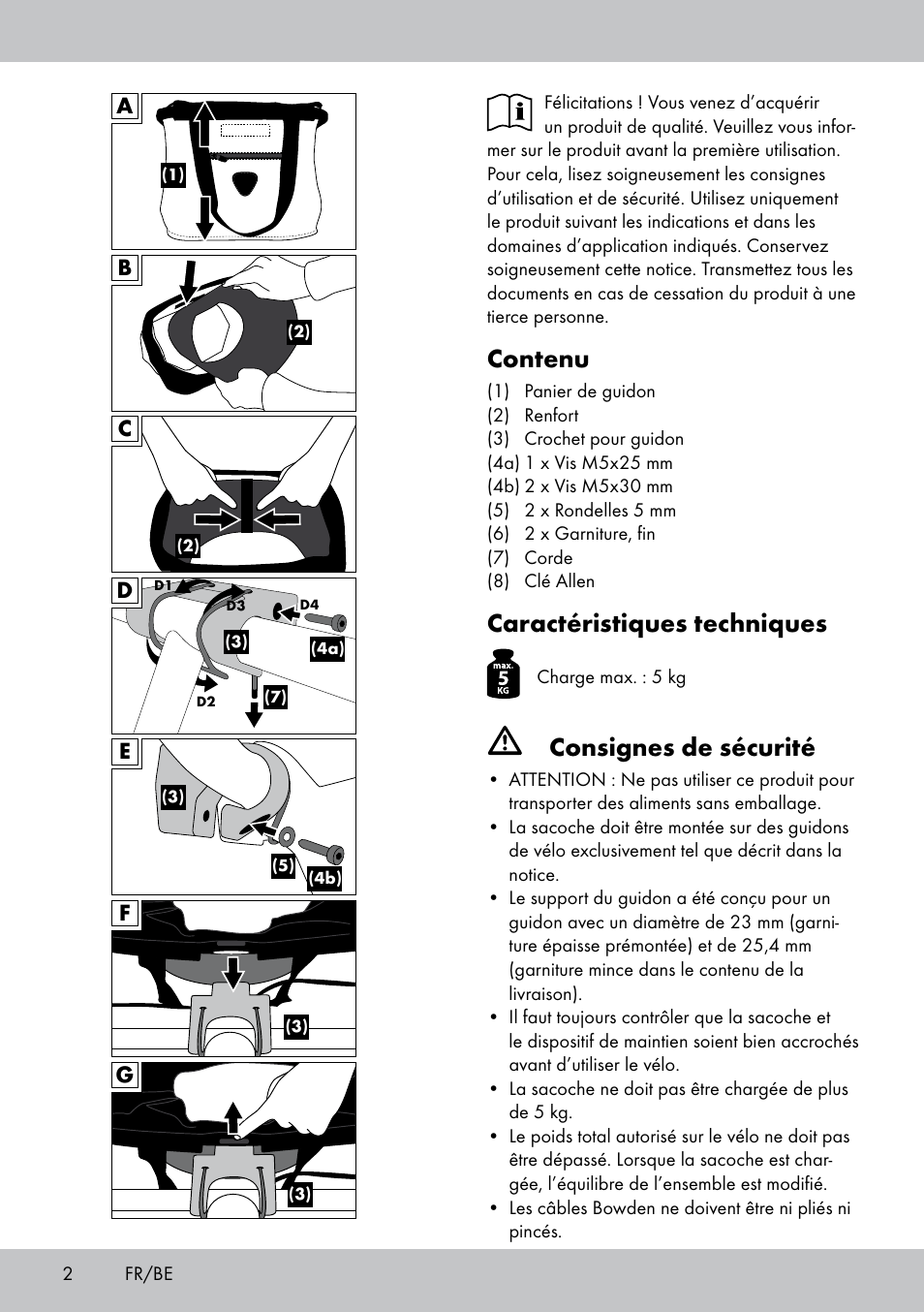 Contenu, Caractéristiques techniques, Consignes de sécurité | Topmove Bike Basket LT-1542 User Manual | Page 2 / 12