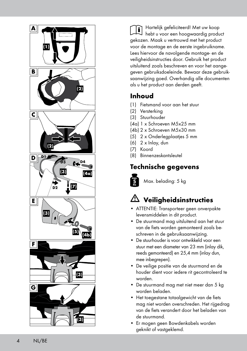 Inhoud, Technische gegevens, Veiligheidsinstructies | Topmove Bike Basket LT-1542 User Manual | Page 4 / 12