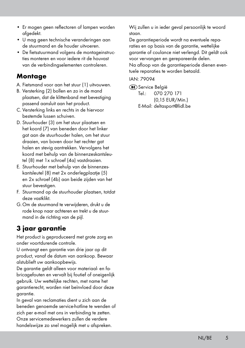 Montage, 3 jaar garantie | Topmove Bike Basket LT-1542 User Manual | Page 5 / 12