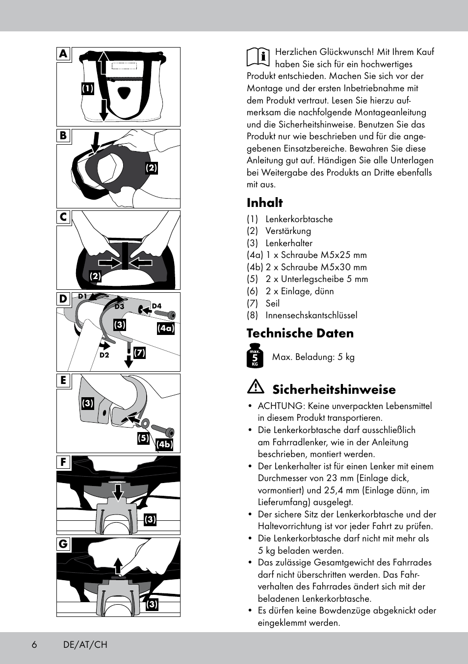 Inhalt, Technische daten, Sicherheitshinweise | Topmove Bike Basket LT-1542 User Manual | Page 6 / 12