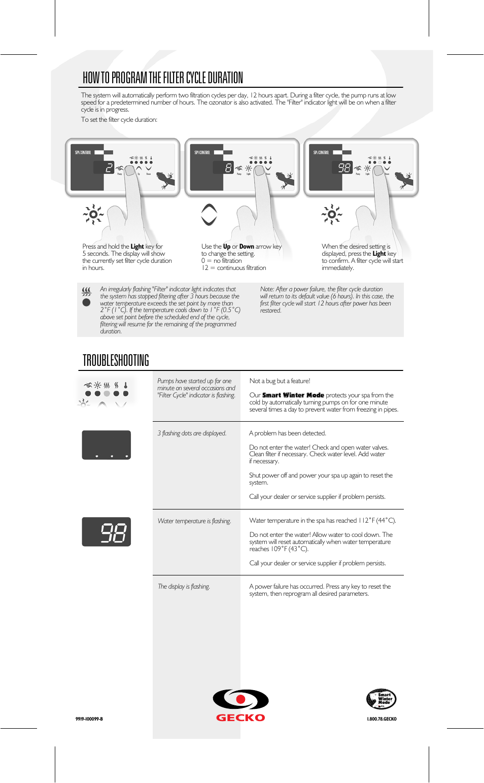 How to program the filter cycle duration, Troubleshooting, Gecko | Dynasty Spas SSPA-1 User Manual | Page 2 / 2