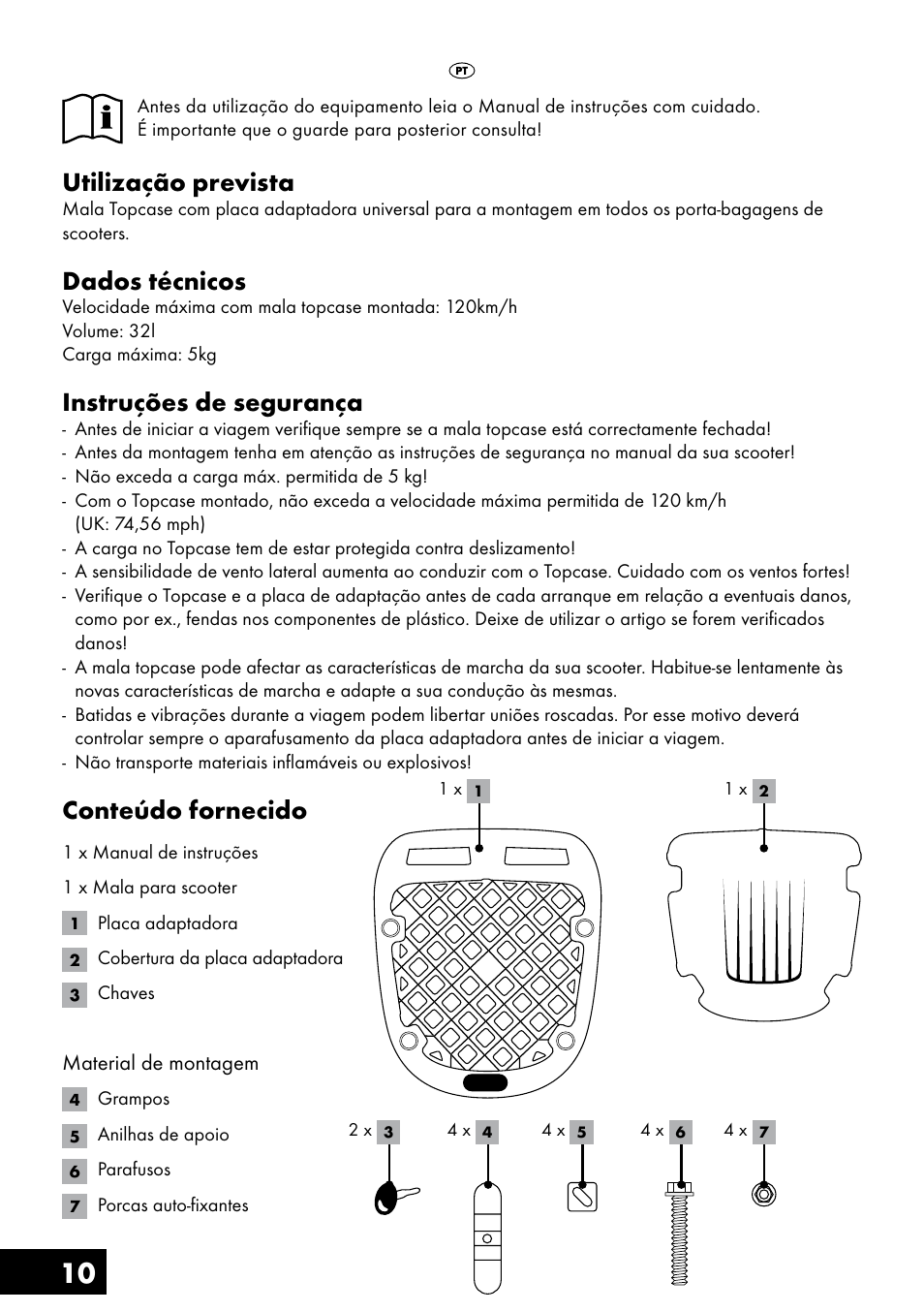 Utilização prevista, Dados técnicos, Instruções de segurança | Conteúdo fornecido | Topmove Top Case User Manual | Page 10 / 24