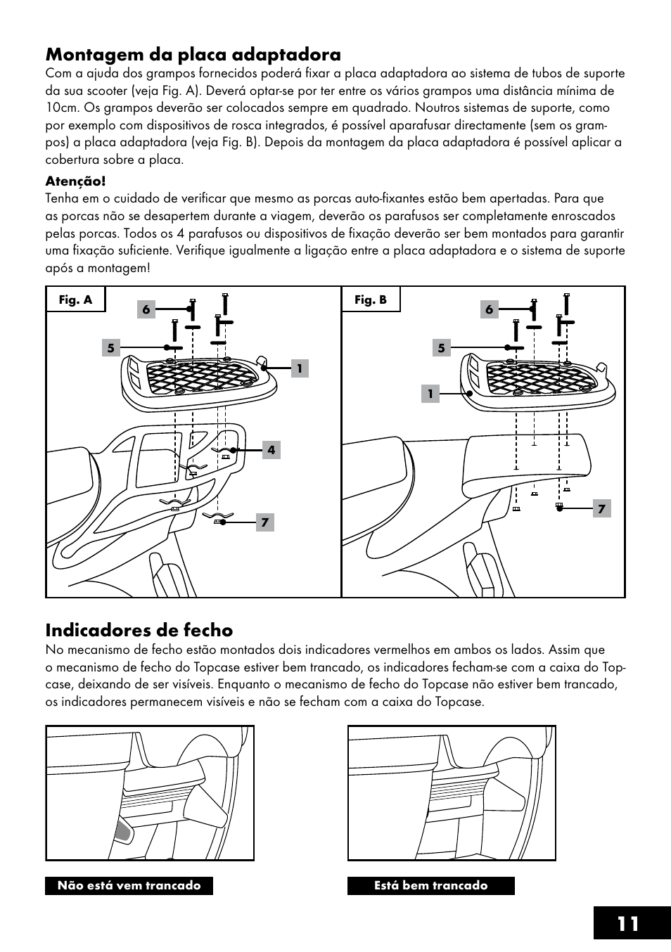 11 montagem da placa adaptadora, Indicadores de fecho | Topmove Top Case User Manual | Page 11 / 24