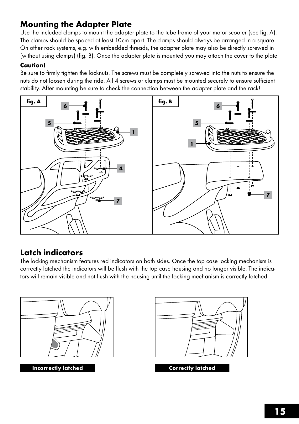 15 mounting the adapter plate, Latch indicators | Topmove Top Case User Manual | Page 15 / 24