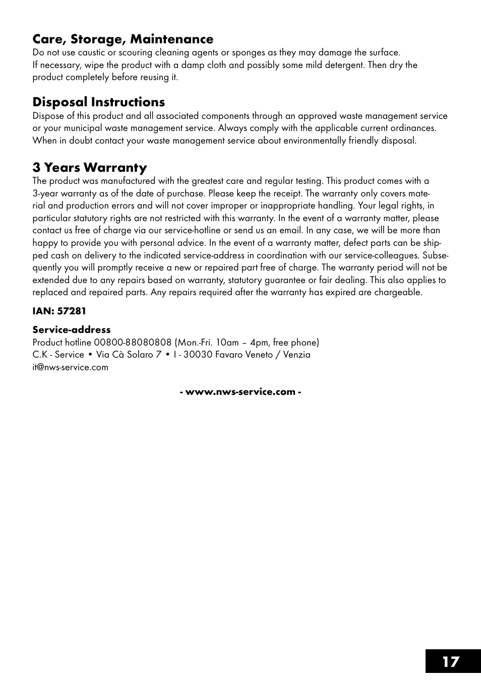 17 care, storage, maintenance, Disposal instructions, 3 years warranty | Topmove Top Case User Manual | Page 17 / 24