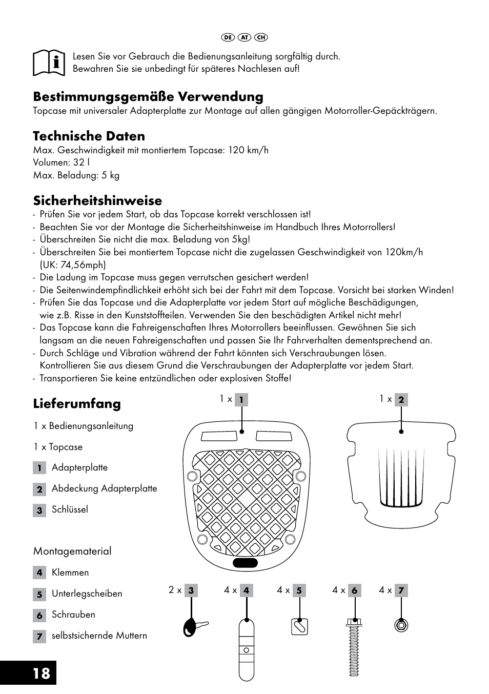 Bestimmungsgemäße verwendung, Technische daten, Sicherheitshinweise | Lieferumfang | Topmove Top Case User Manual | Page 18 / 24