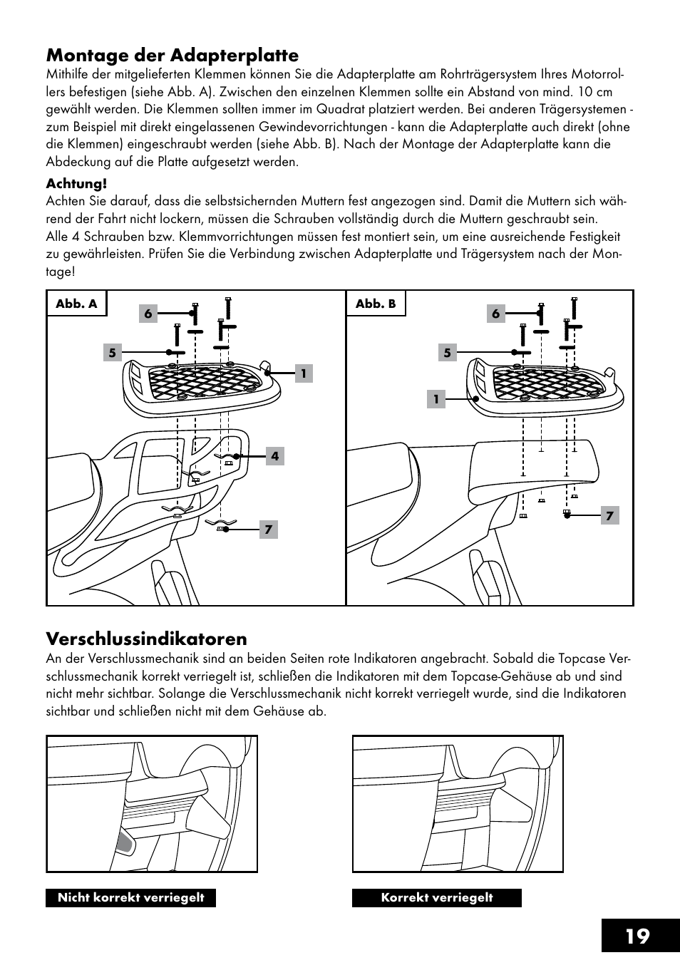 19 montage der adapterplatte, Verschlussindikatoren | Topmove Top Case User Manual | Page 19 / 24