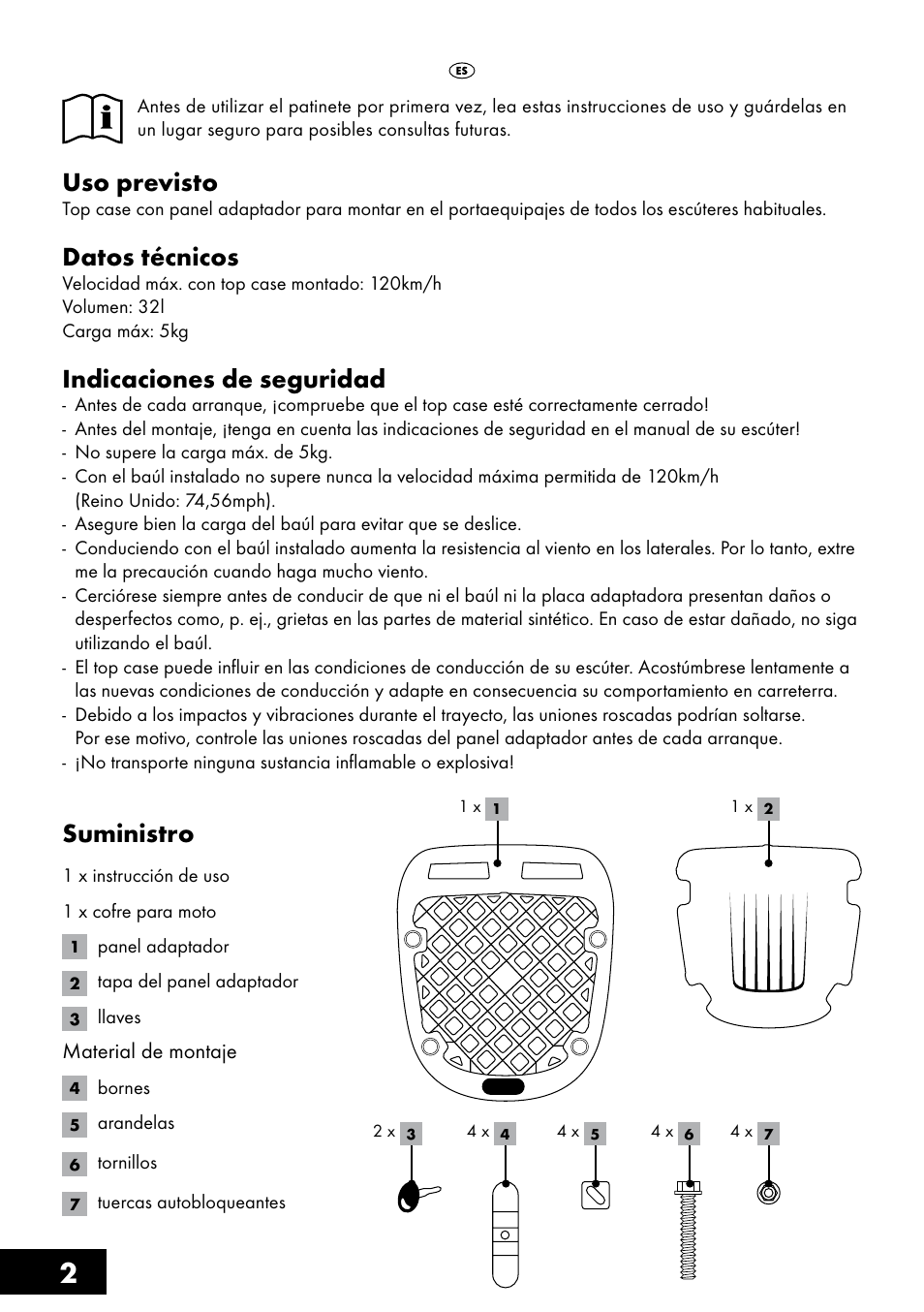 Uso previsto, Datos técnicos, Indicaciones de seguridad | Suministro | Topmove Top Case User Manual | Page 2 / 24