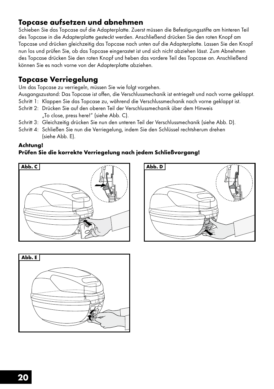 20 topcase aufsetzen und abnehmen, Topcase verriegelung | Topmove Top Case User Manual | Page 20 / 24