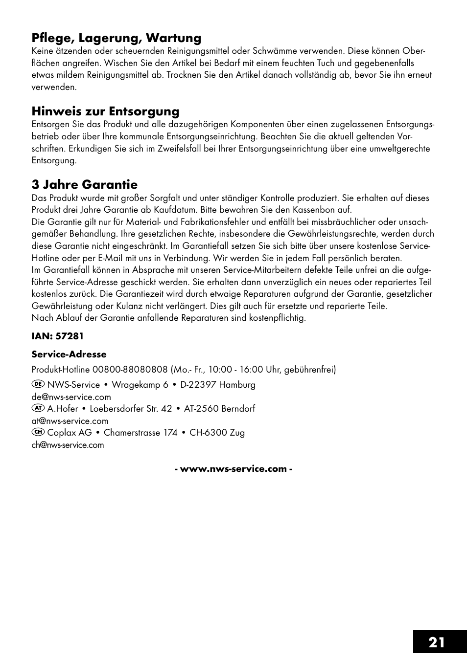 21 pflege, lagerung, wartung, Hinweis zur entsorgung, 3 jahre garantie | Topmove Top Case User Manual | Page 21 / 24