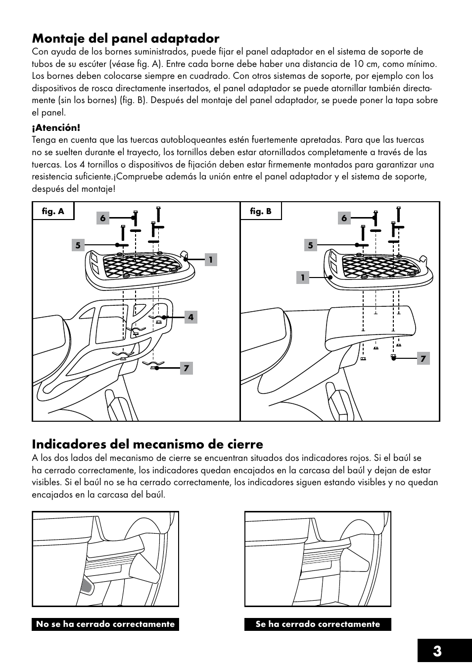 3montaje del panel adaptador, Indicadores del mecanismo de cierre | Topmove Top Case User Manual | Page 3 / 24