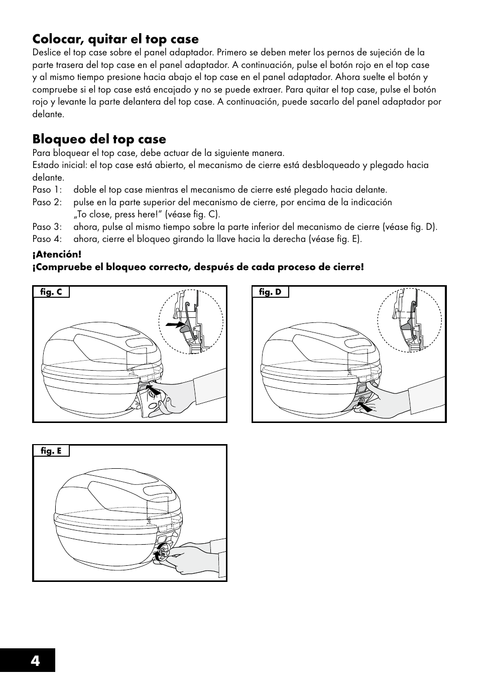 4colocar, quitar el top case, Bloqueo del top case | Topmove Top Case User Manual | Page 4 / 24