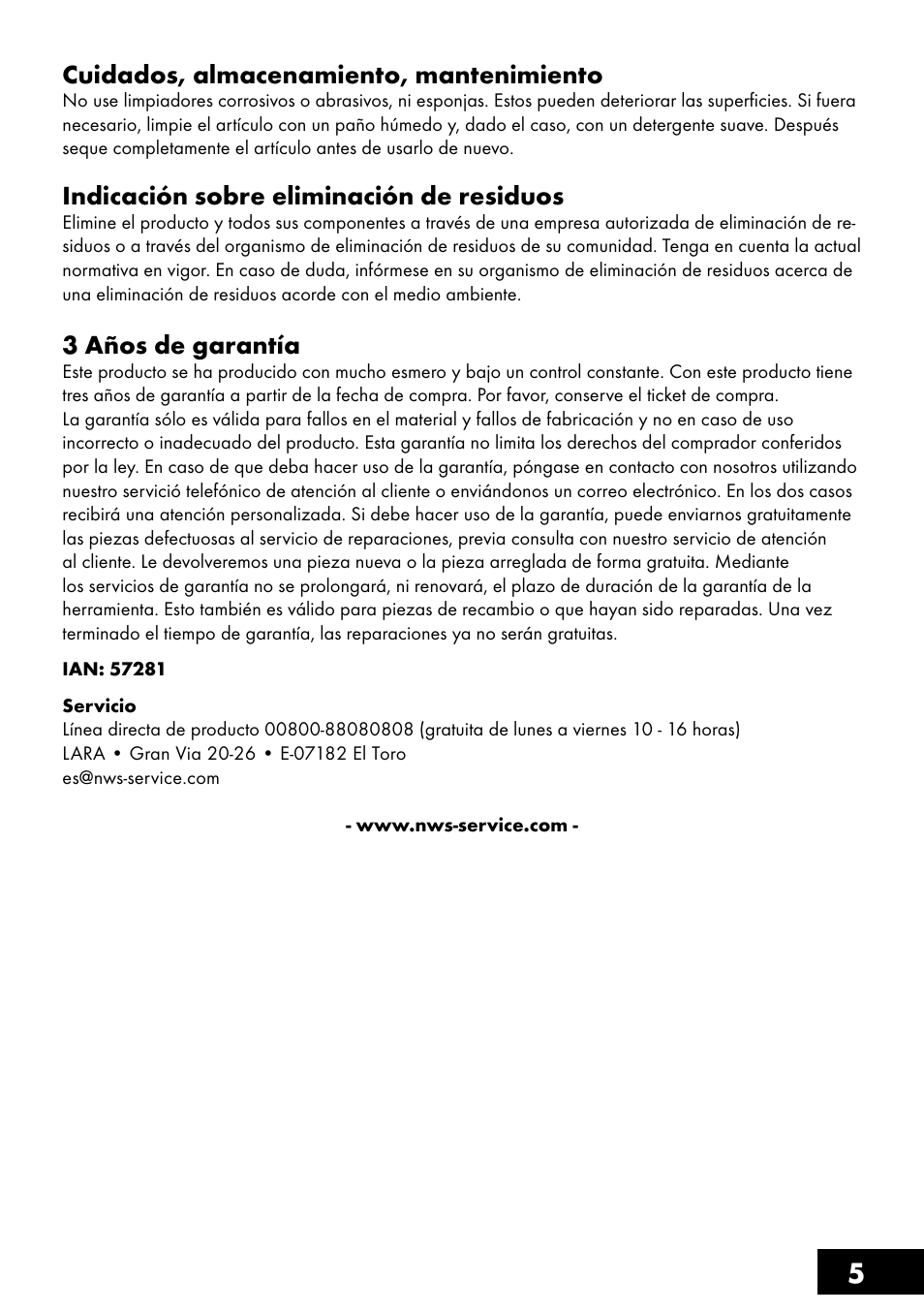 5cuidados, almacenamiento, mantenimiento, Indicación sobre eliminación de residuos, 3 años de garantía | Topmove Top Case User Manual | Page 5 / 24