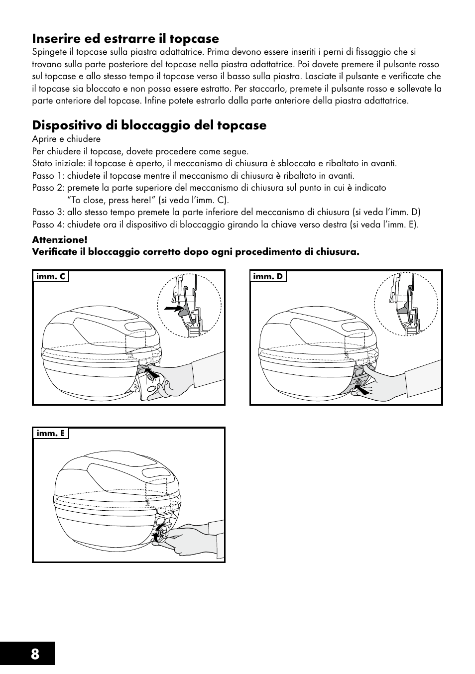 8inserire ed estrarre il topcase, Dispositivo di bloccaggio del topcase | Topmove Top Case User Manual | Page 8 / 24