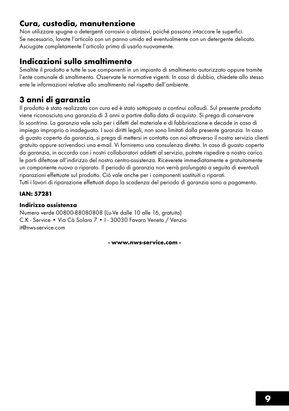 9cura, custodia, manutenzione, Indicazioni sullo smaltimento, 3 anni di garanzia | Topmove Top Case User Manual | Page 9 / 24