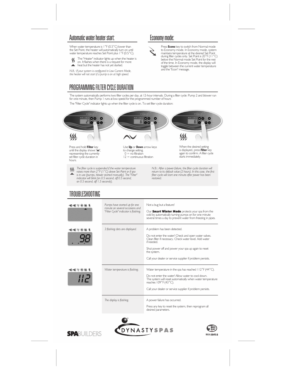 Programming filter cycle duration, Automatic water heater start, Economy mode | Troubleshooting | Dynasty Spas SC-MP-DY5 User Manual | Page 2 / 2