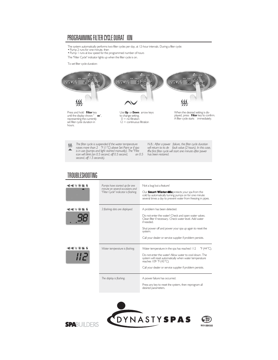 Programming filter cycle durat ion, Troubleshooting | Dynasty Spas 9919-100418-B User Manual | Page 2 / 2