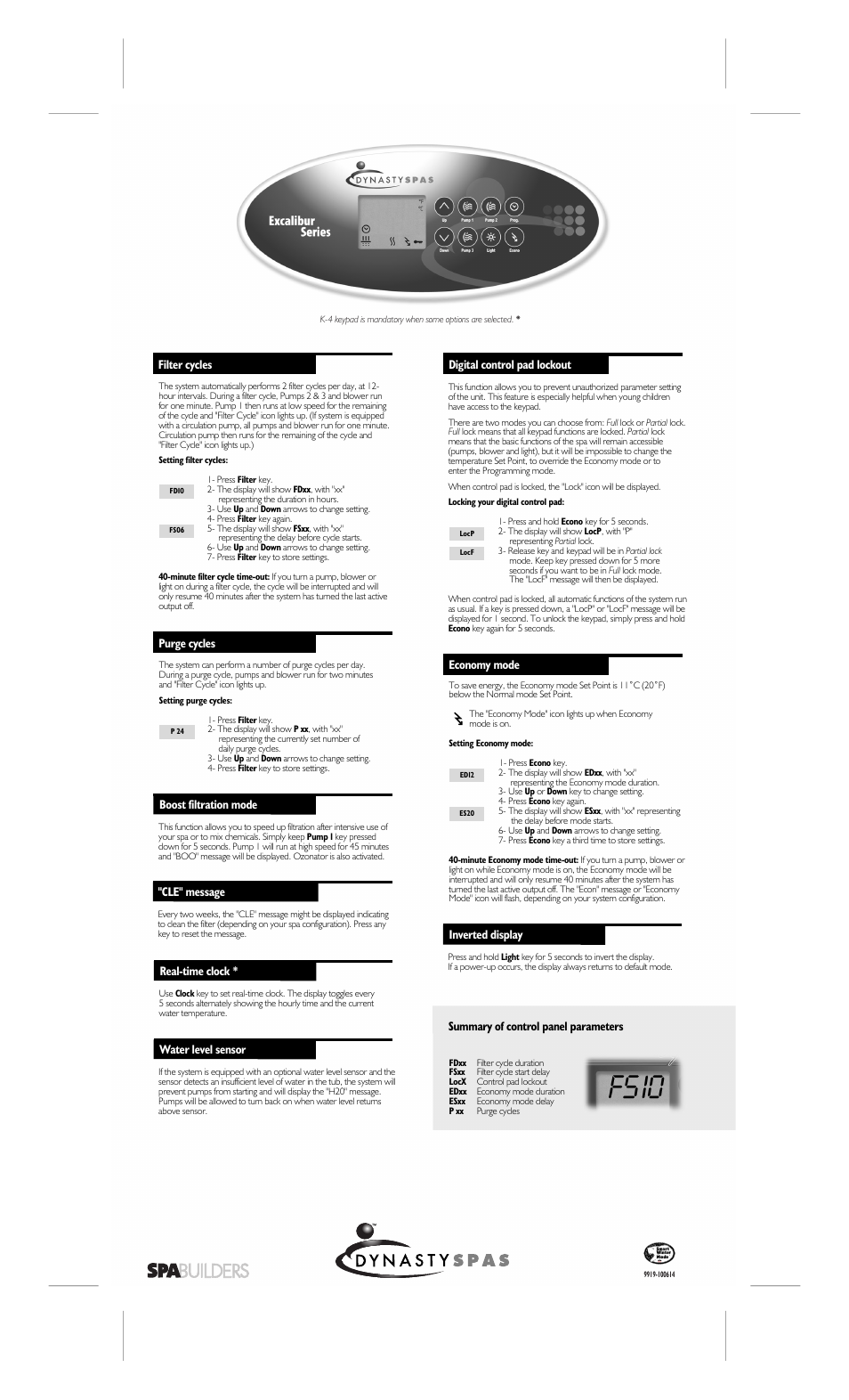 Summary of control panel parameters, Digital control pad lockout, Inverted display | Economy mode, Cle" message, Filter cycles, Purge cycles, Boost filtration mode, Real-time clock, Water level sensor | Dynasty Spas MC-MP-CE User Manual | Page 2 / 2