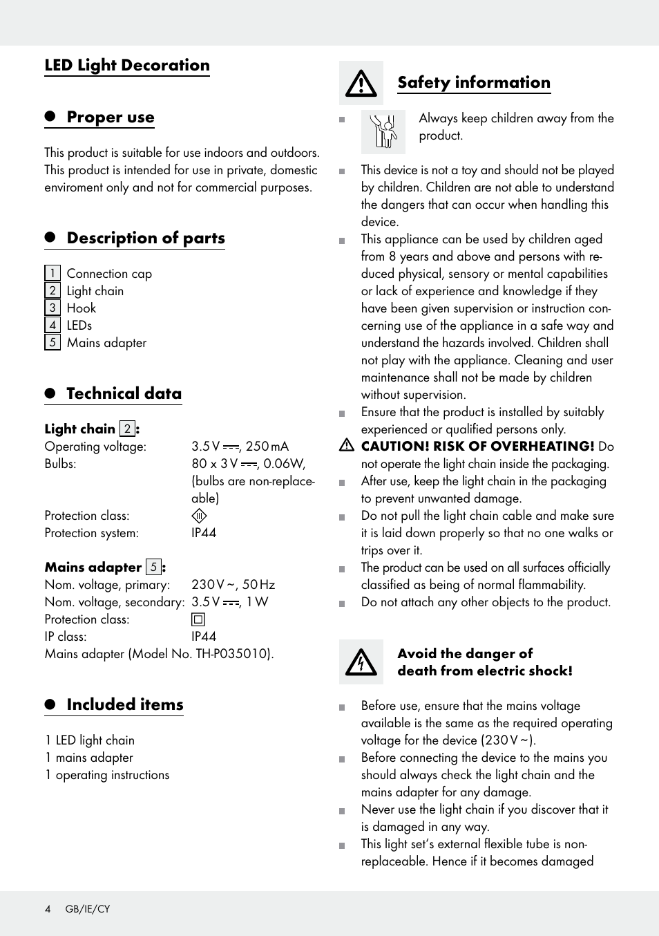 Led light decoration, Proper use, Description of parts | Technical data, Included items, Safety information | Melinera Z31513-BS User Manual | Page 4 / 9