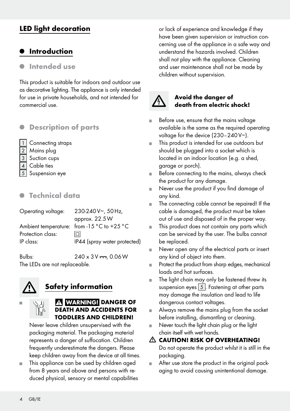 Led light decoration, Introduction, Intended use | Description of parts, Technical data, Safety information | Melinera Z31602-BS User Manual | Page 4 / 6