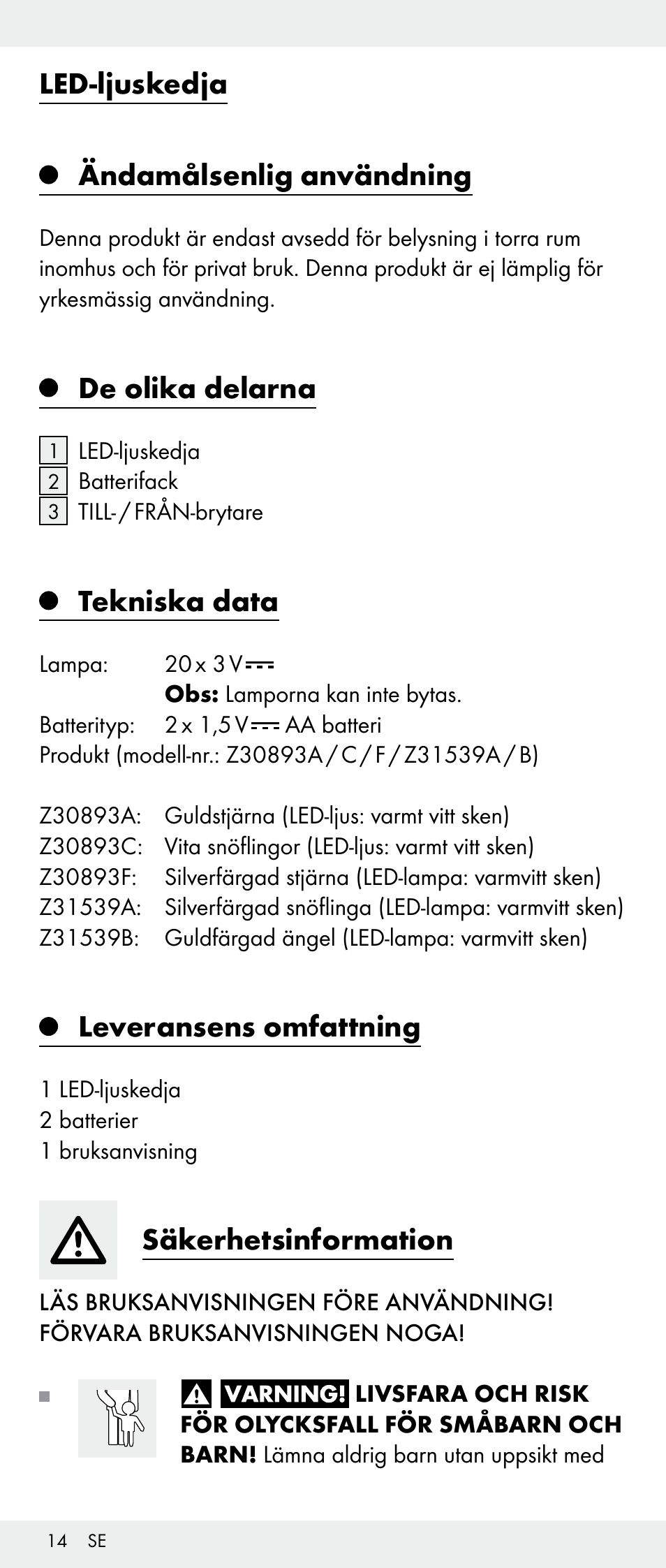 Led-ljuskedja ändamålsenlig användning, De olika delarna, Tekniska data | Leveransens omfattning, Säkerhetsinformation | Melinera Z30893A/Z30893C/Z30893F User Manual | Page 14 / 36