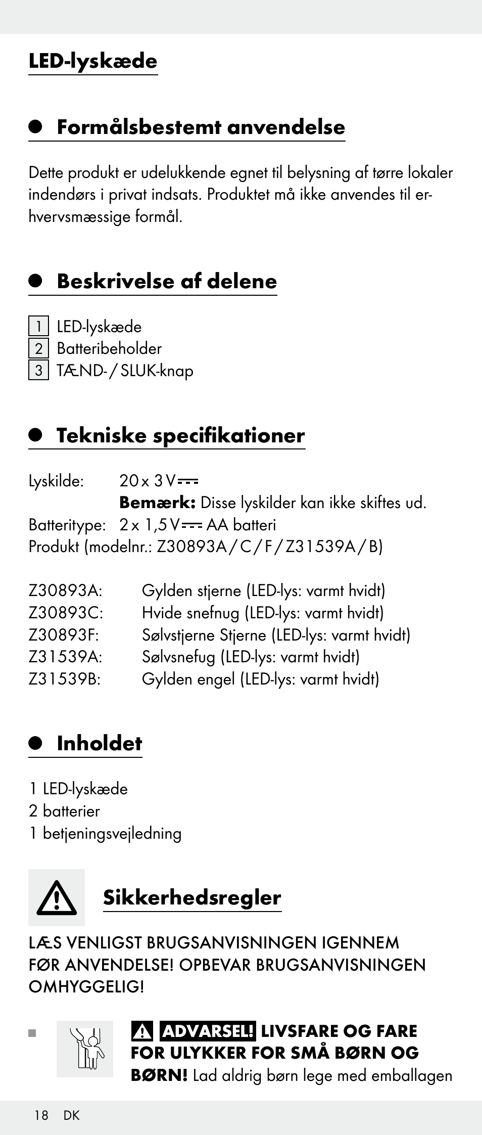 Led-lyskæde formålsbestemt anvendelse, Beskrivelse af delene, Tekniske specifikationer | Inholdet, Sikkerhedsregler | Melinera Z30893A/Z30893C/Z30893F User Manual | Page 18 / 36