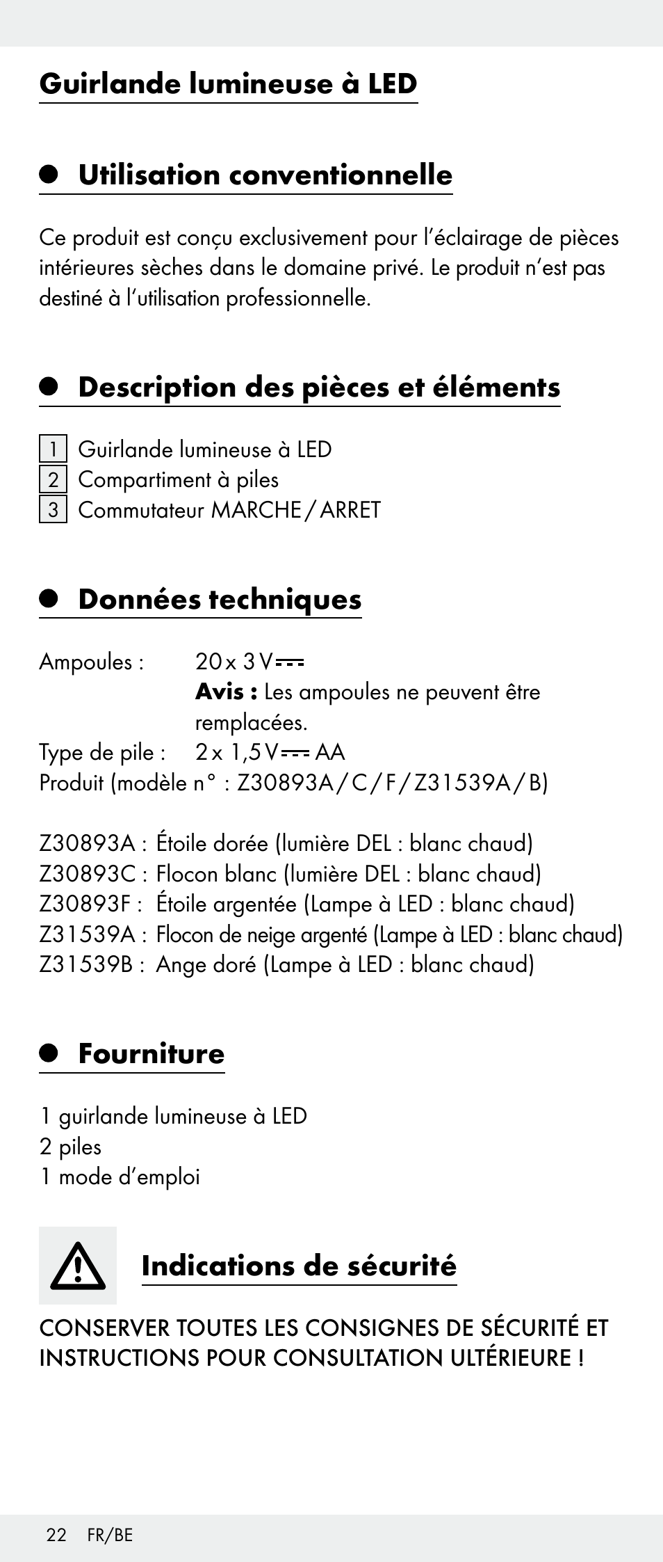 Description des pièces et éléments, Données techniques, Fourniture | Indications de sécurité | Melinera Z30893A/Z30893C/Z30893F User Manual | Page 22 / 36