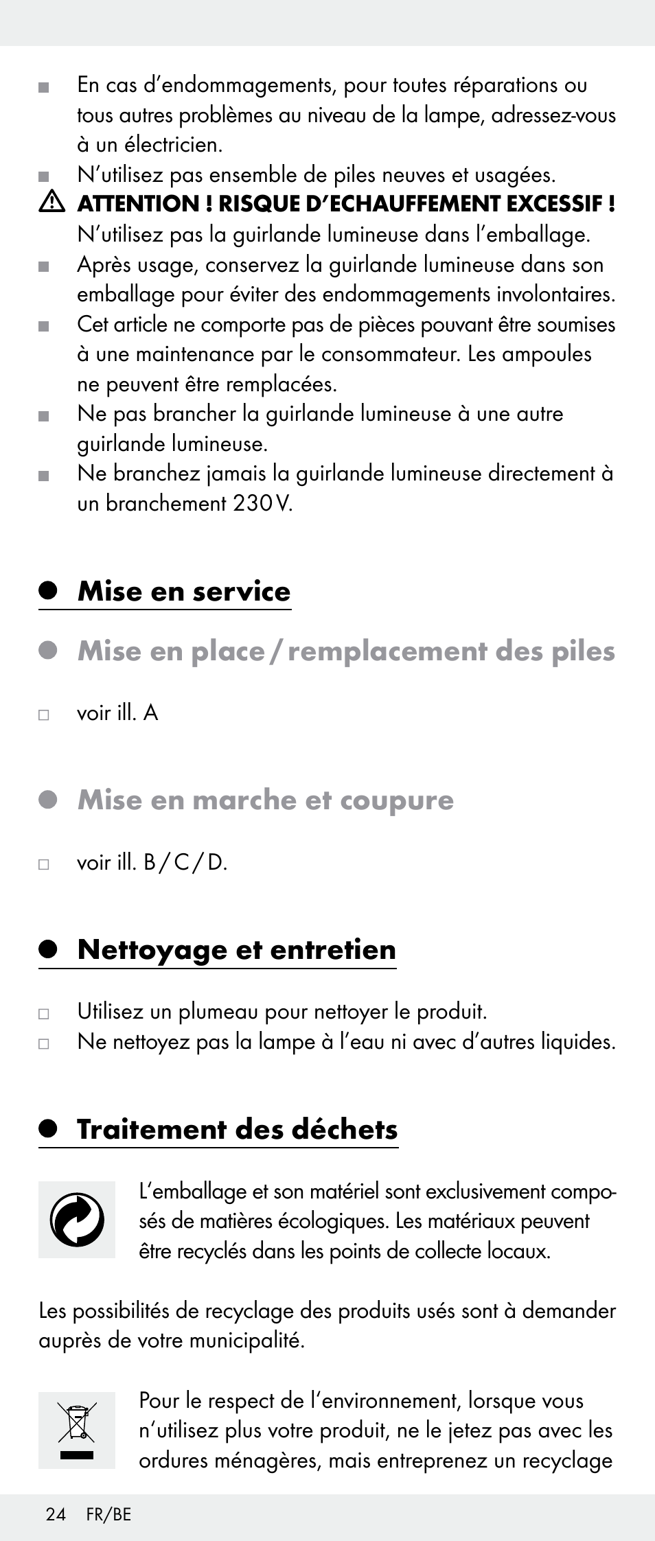 Mise en marche et coupure, Nettoyage et entretien, Traitement des déchets | Melinera Z30893A/Z30893C/Z30893F User Manual | Page 24 / 36