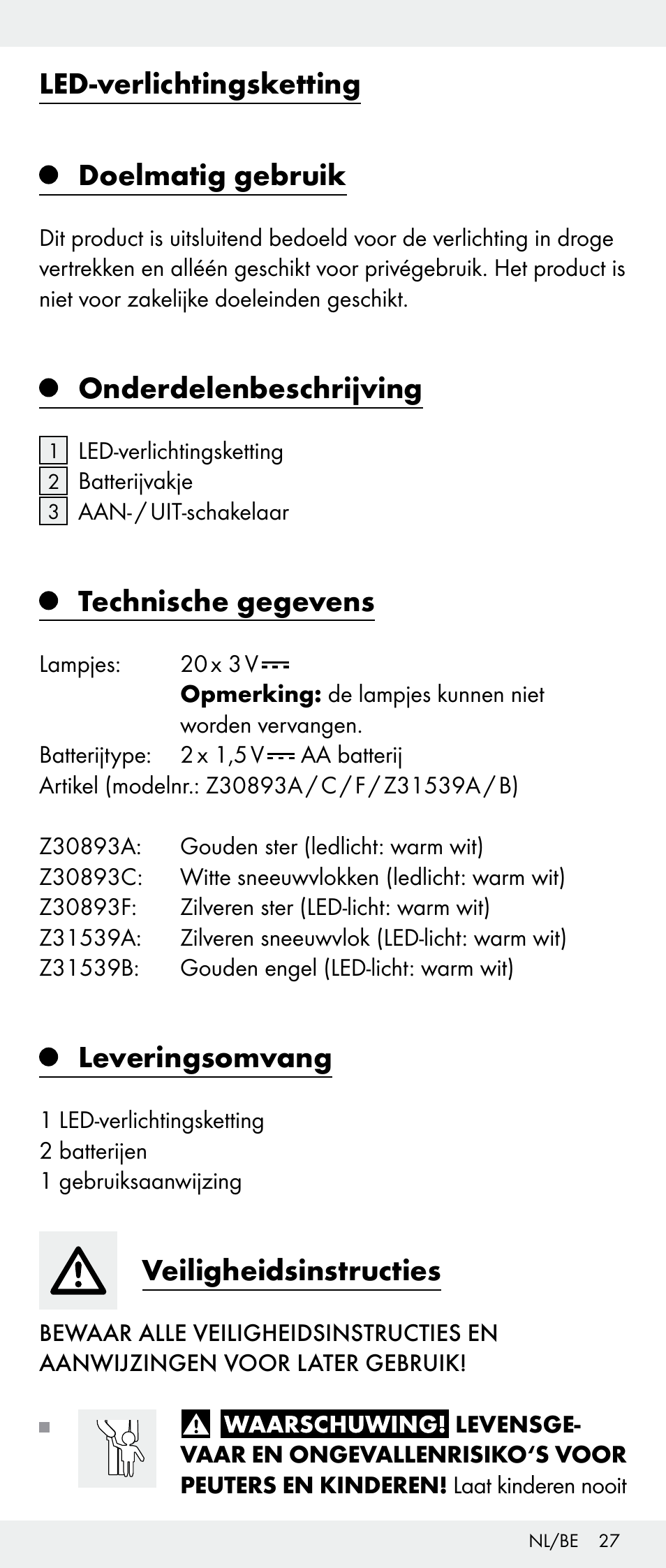 Led-verlichtingsketting doelmatig gebruik, Onderdelenbeschrijving, Technische gegevens | Leveringsomvang, Veiligheidsinstructies | Melinera Z30893A/Z30893C/Z30893F User Manual | Page 27 / 36