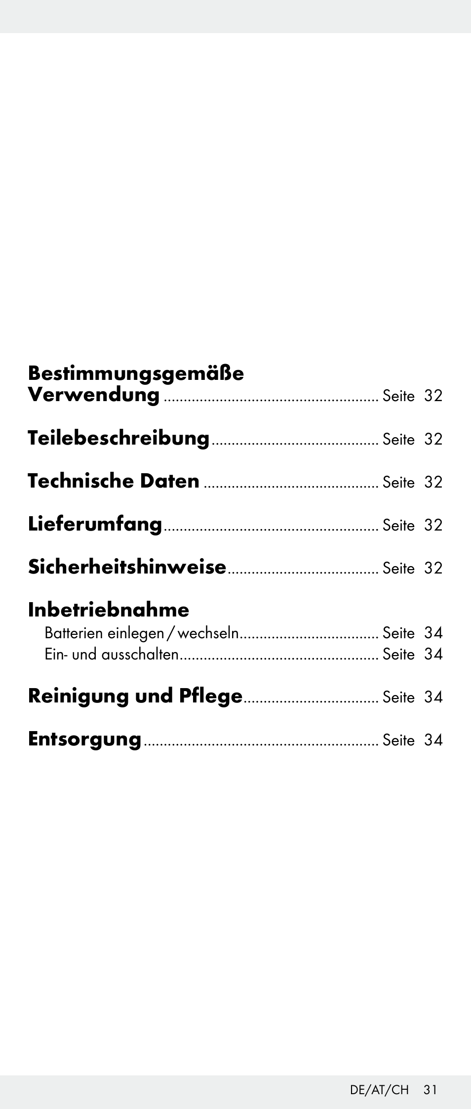 Bestimmungsgemäße verwendung, Teilebeschreibung, Technische daten | Lieferumfang, Sicherheitshinweise, Inbetriebnahme, Reinigung und pflege, Entsorgung | Melinera Z30893A/Z30893C/Z30893F User Manual | Page 31 / 36