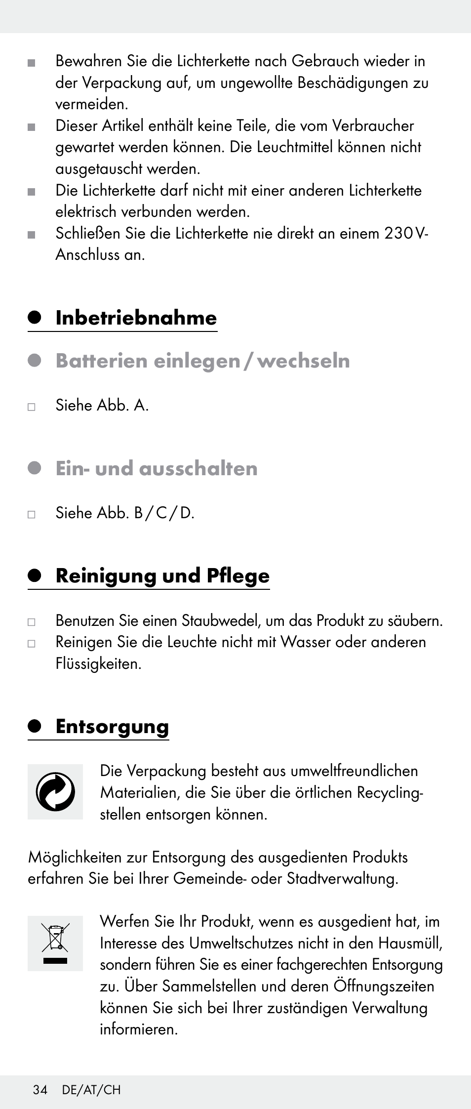 Inbetriebnahme batterien einlegen / wechseln, Ein- und ausschalten, Reinigung und pflege | Entsorgung | Melinera Z30893A/Z30893C/Z30893F User Manual | Page 34 / 36