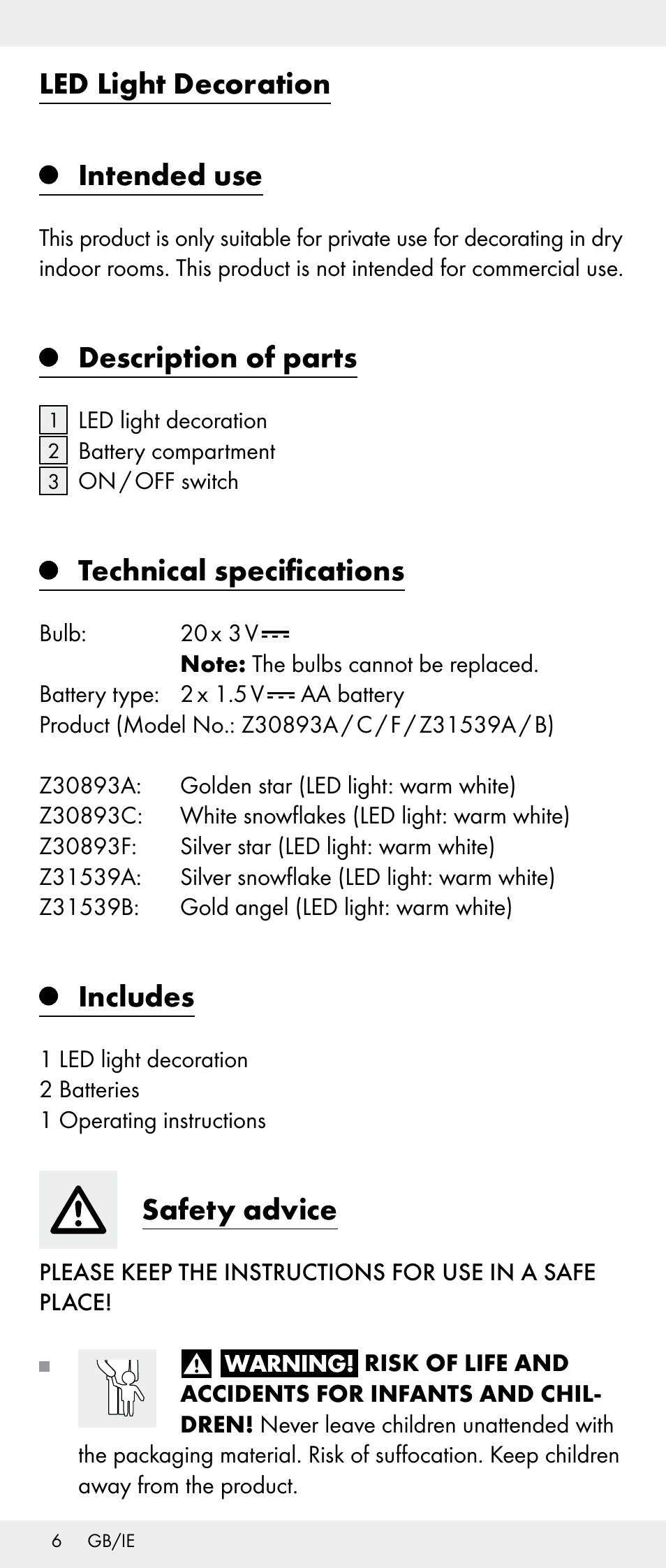 Led light decoration intended use, Description of parts, Technical specifications | Includes, Safety advice | Melinera Z30893A/Z30893C/Z30893F User Manual | Page 6 / 36