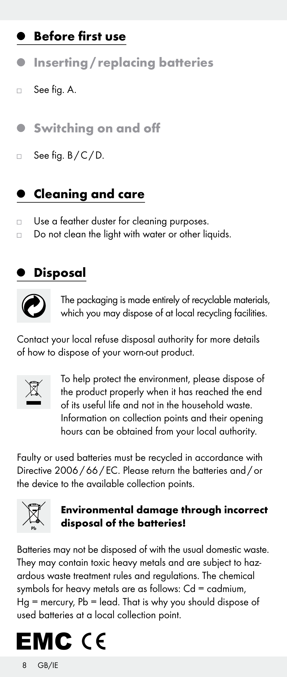 Before first use inserting / replacing batteries, Switching on and off, Cleaning and care | Disposal | Melinera Z30893A/Z30893C/Z30893F User Manual | Page 8 / 36