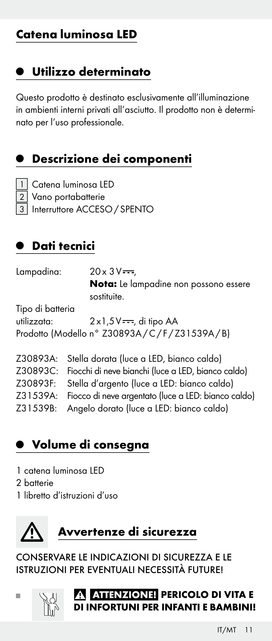 Catena luminosa led utilizzo determinato, Descrizione dei componenti, Dati tecnici | Volume di consegna, Avvertenze di sicurezza | Melinera Z30893A/Z30893C/Z30893F User Manual | Page 11 / 29