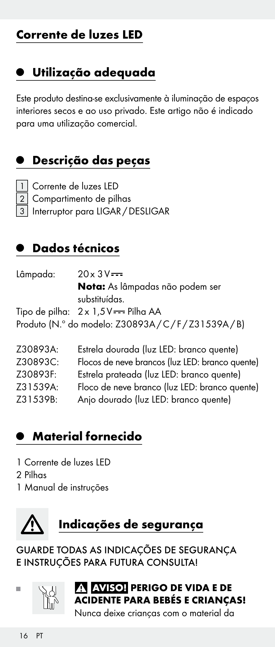 Corrente de luzes led utilização adequada, Descrição das peças, Dados técnicos | Material fornecido, Indicações de segurança | Melinera Z30893A/Z30893C/Z30893F User Manual | Page 16 / 29