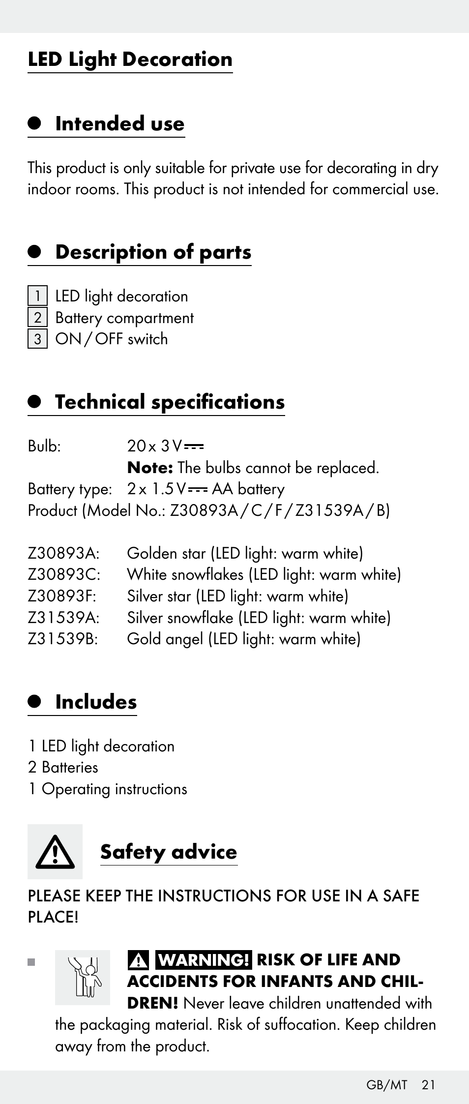 Led light decoration intended use, Description of parts, Technical specifications | Includes, Safety advice | Melinera Z30893A/Z30893C/Z30893F User Manual | Page 21 / 29