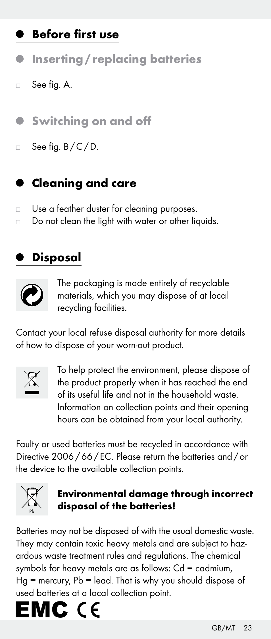 Before first use inserting / replacing batteries, Switching on and off, Cleaning and care | Disposal | Melinera Z30893A/Z30893C/Z30893F User Manual | Page 23 / 29