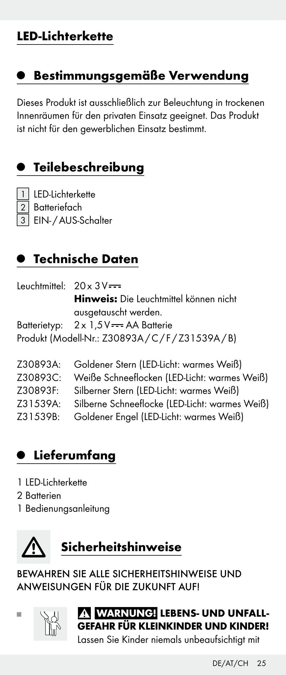 Led-lichterkette bestimmungsgemäße verwendung, Teilebeschreibung, Technische daten | Lieferumfang, Sicherheitshinweise | Melinera Z30893A/Z30893C/Z30893F User Manual | Page 25 / 29