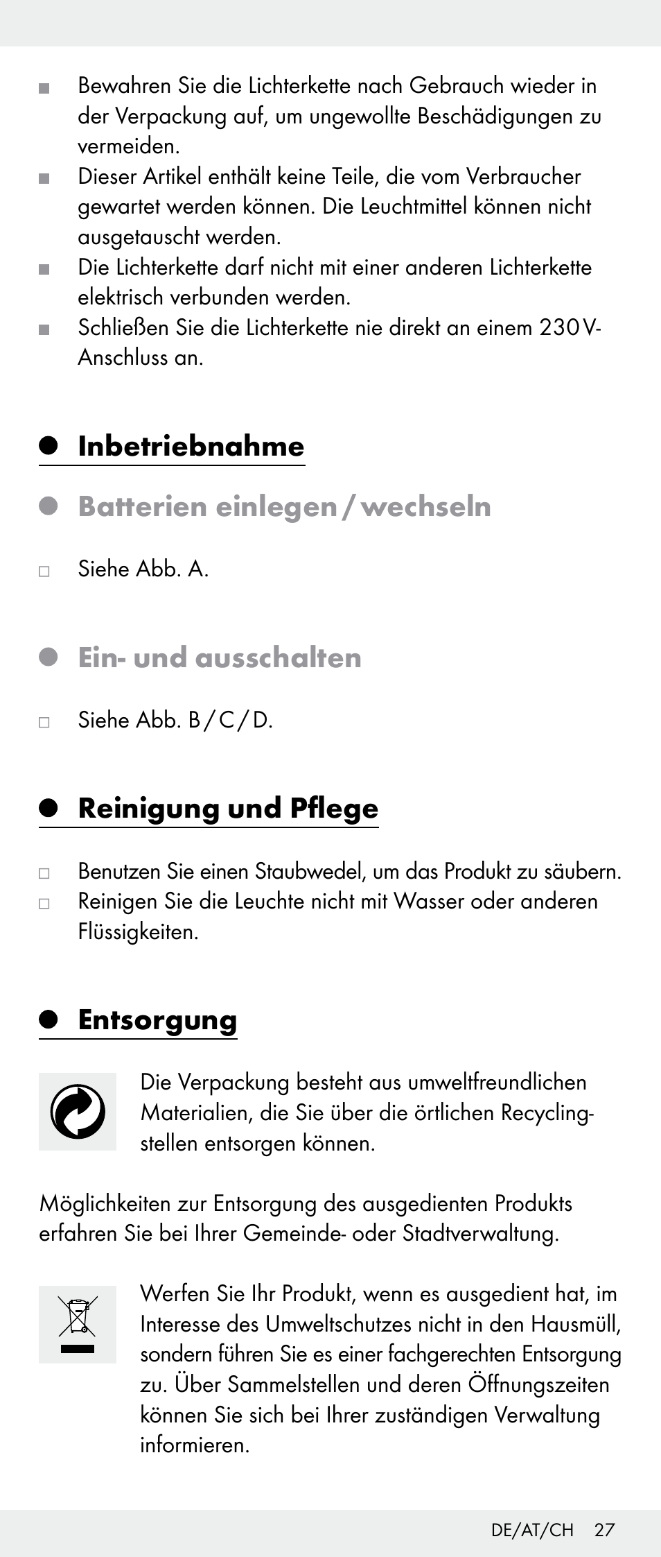 Inbetriebnahme batterien einlegen / wechseln, Ein- und ausschalten, Reinigung und pflege | Entsorgung | Melinera Z30893A/Z30893C/Z30893F User Manual | Page 27 / 29