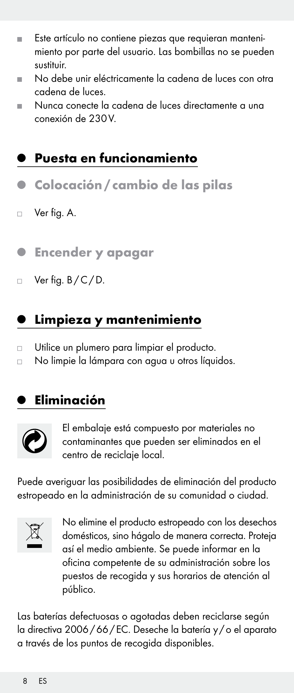 Encender y apagar, Limpieza y mantenimiento, Eliminación | Melinera Z30893A/Z30893C/Z30893F User Manual | Page 8 / 29