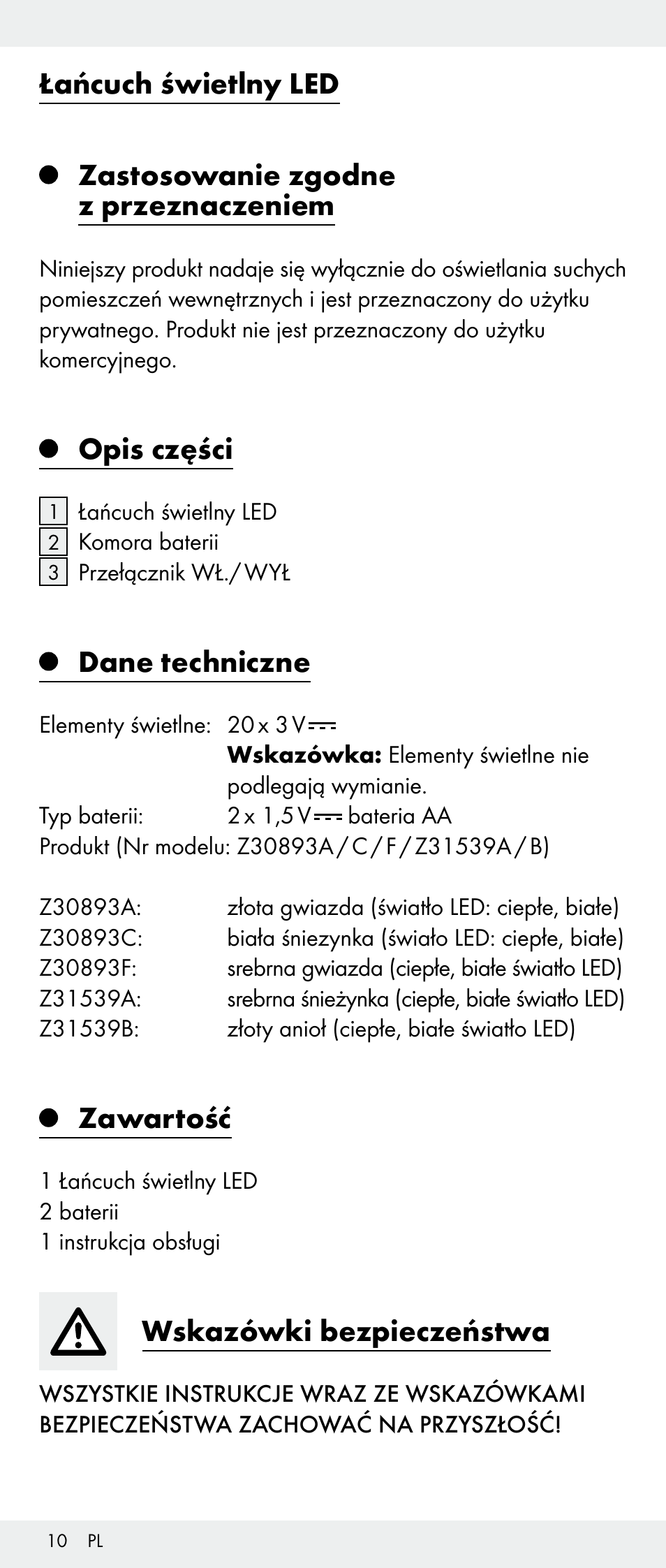Opis części, Dane techniczne, Zawartość | Wskazówki bezpieczeństwa | Melinera Z30893A/Z30893C/Z30893F User Manual | Page 10 / 40